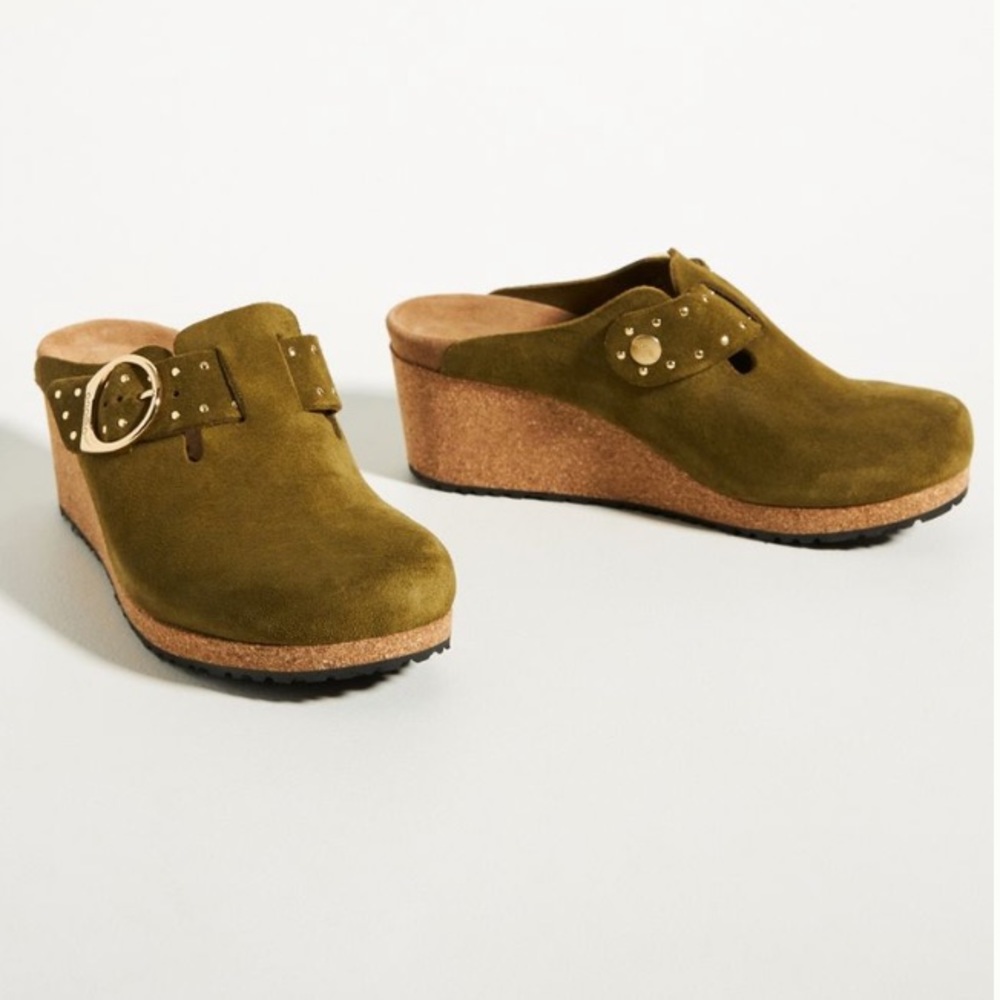 NEW Birkenstock X Anthropologie Green Suede Wedge Clogs Gold Buckle Mules 6 37
